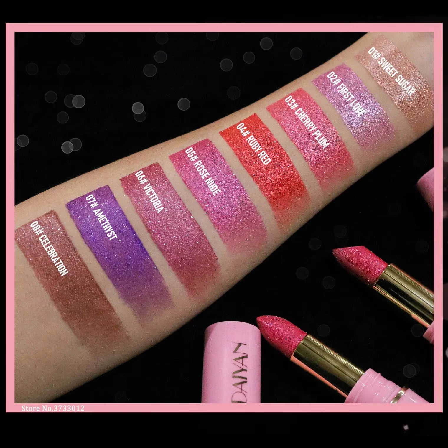 8Colors Matte Glitter Lipstick Waterproof Long Lasting Diamond Pearlescent Metallic Purple Sparkling Lip Stick Makeup Cosmetic