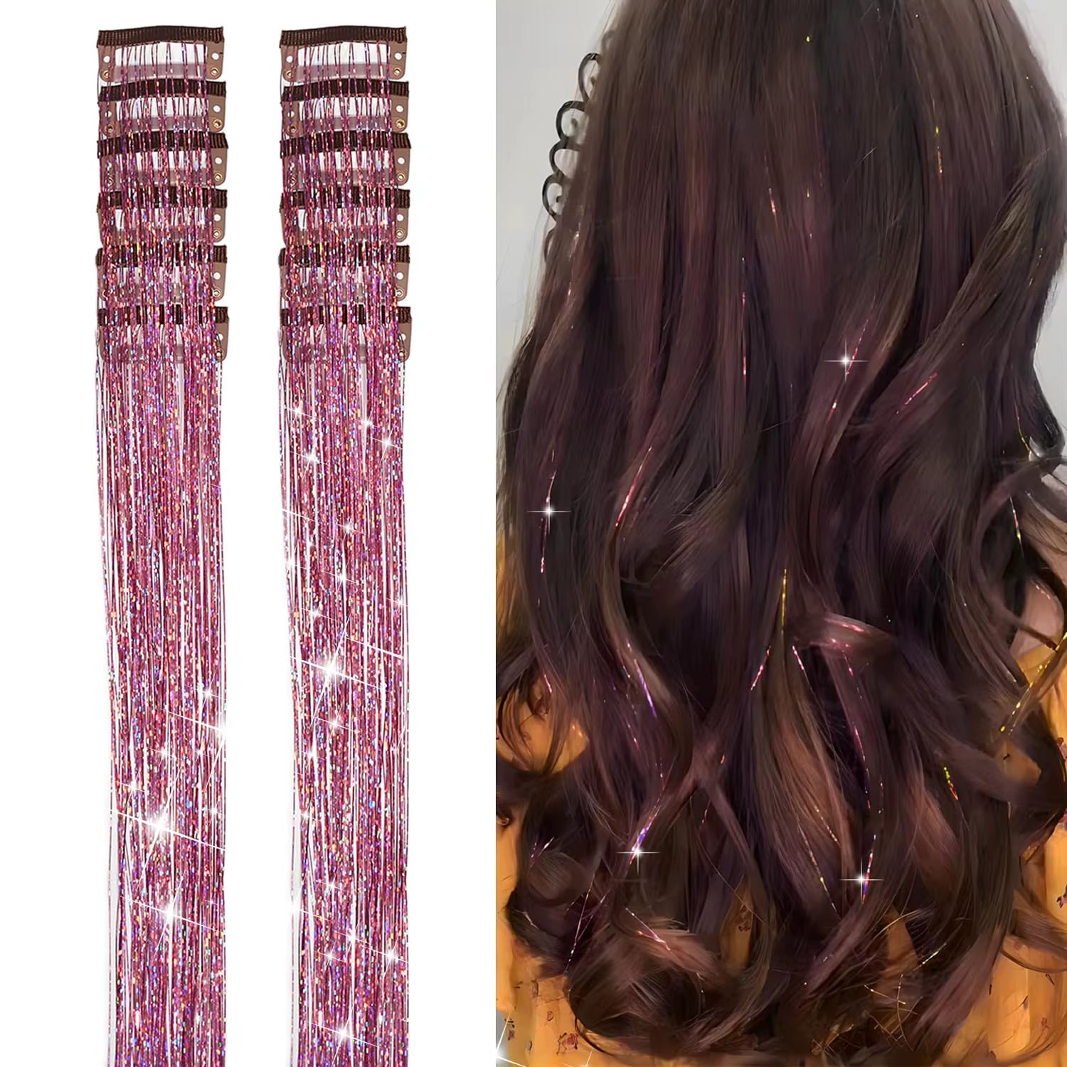 6Pcs Hair Tinsel Clip in 23.6Inch Glitter Synthetic Tinsel Hair Clip in Hair Tinsel Kit Heat Resistant Shiny Sparkle Fairy Hair