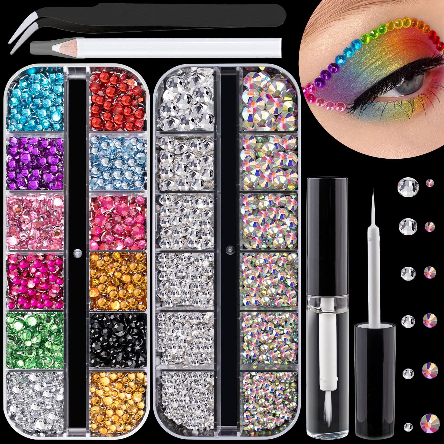 Flat Back Rhinestone Kits Colorful Rhinestones+Crystal Ab&Transparent White Face Gems Nail Gem with Quick Dry Makeup Glue+Picker Pencil+Tweezer for Bedazzling Face Makeup and Nail Art