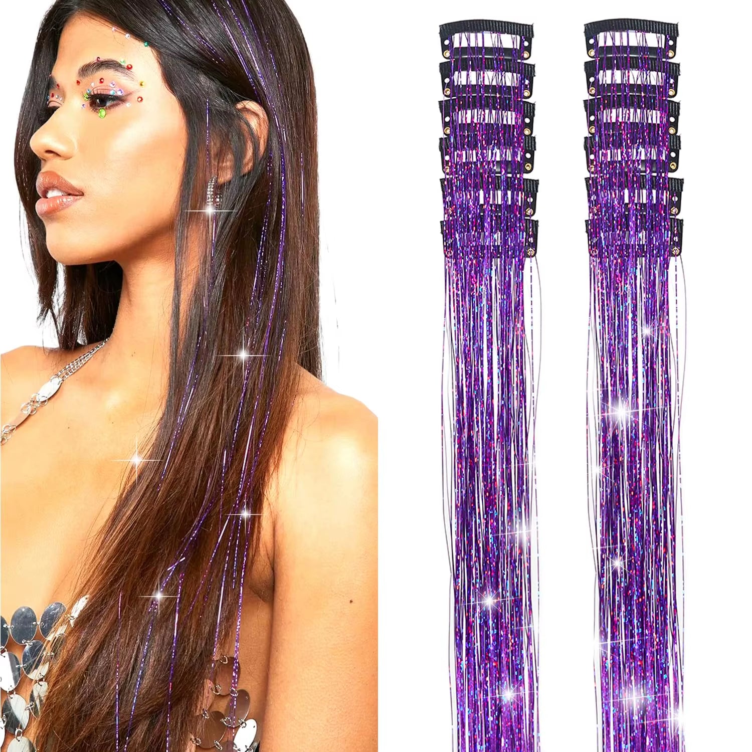 6Pcs Hair Tinsel Clip in 23.6Inch Glitter Synthetic Tinsel Hair Clip in Hair Tinsel Kit Heat Resistant Shiny Sparkle Fairy Hair