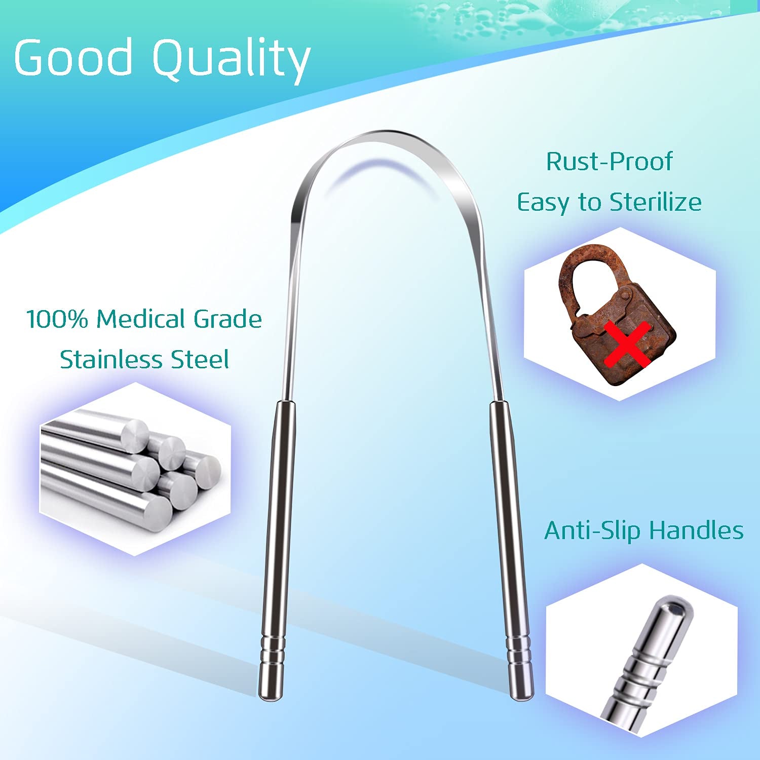 4PCS Tongue Scraper, Stainless Steel Tongue Cleaners, 100% BPA Free Fresher Tongue Tools, Healthy Oral Hygiene Brushes, Medical Grade Reusable Stainless Steel, Eliminate Bad Breath