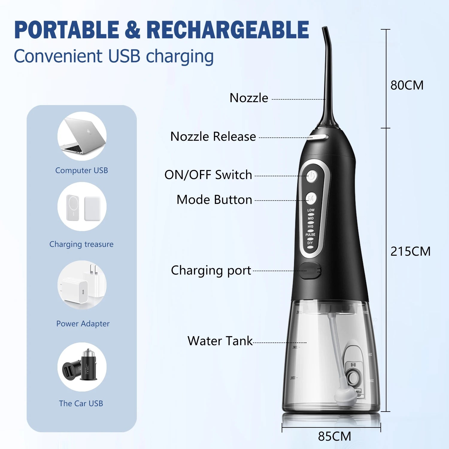 Oral Irrigator USB Rechargeable Water Flosser Portable Dental Water Jet 300ML Water Tank Waterproof Teeth Cleaner for Oral Care