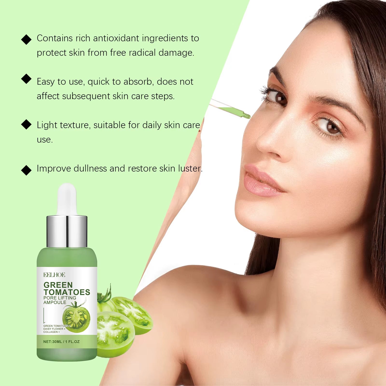 Green Tomato Pore Lifting Ampoule for Shrink Pores Dull Skin Smoothing Nourish Facial Contour Firming Face Hyaluronic Acid Serum