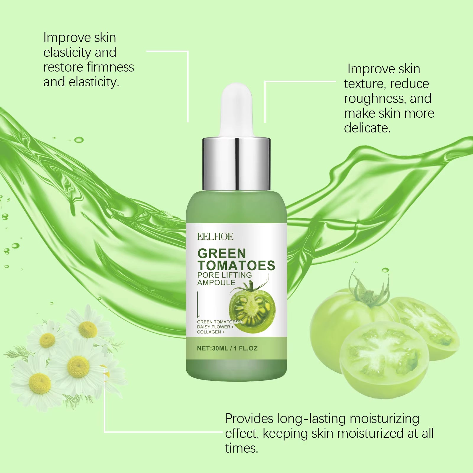 Green Tomato Pore Lifting Ampoule for Shrink Pores Dull Skin Smoothing Nourish Facial Contour Firming Face Hyaluronic Acid Serum