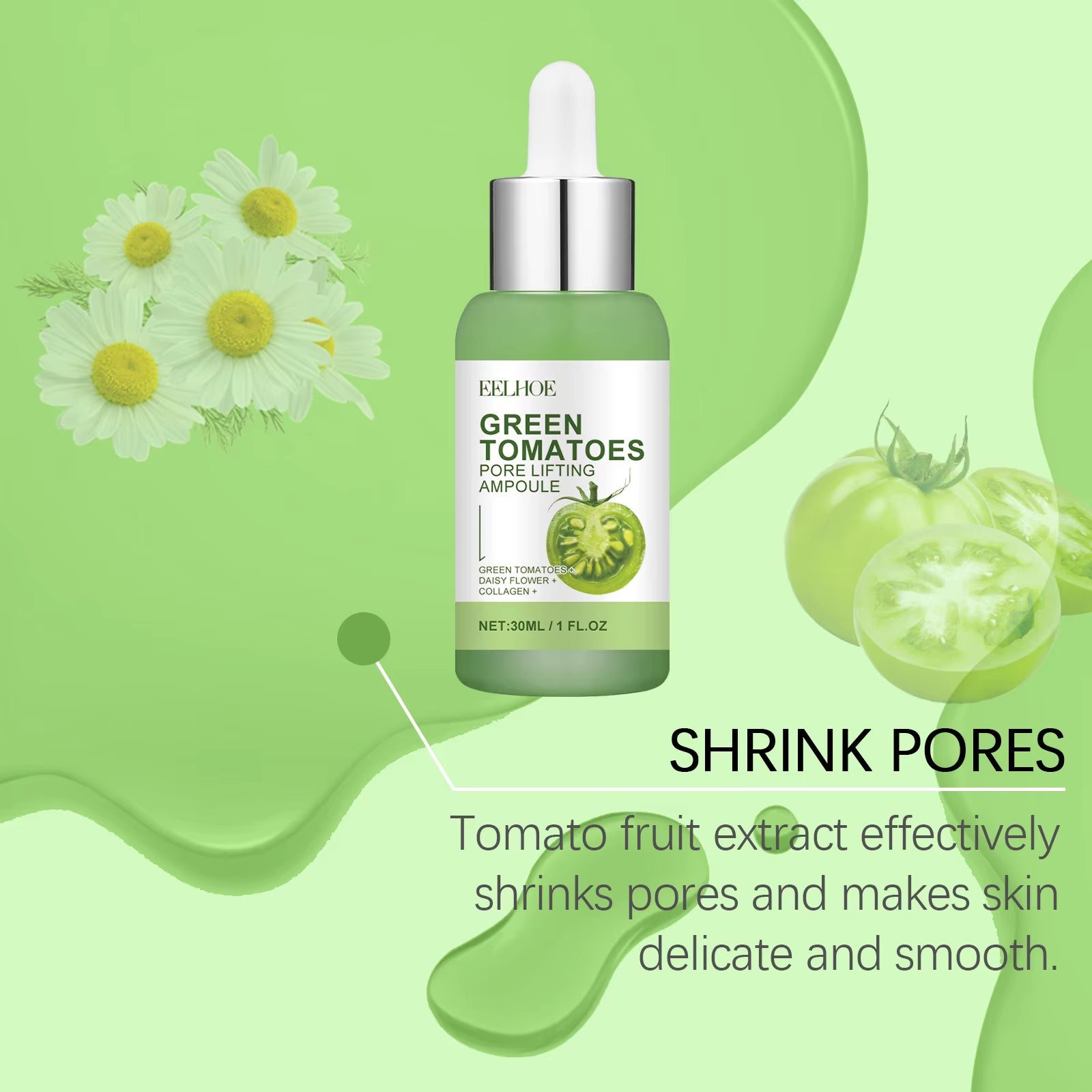 Green Tomato Pore Lifting Ampoule for Shrink Pores Dull Skin Smoothing Nourish Facial Contour Firming Face Hyaluronic Acid Serum