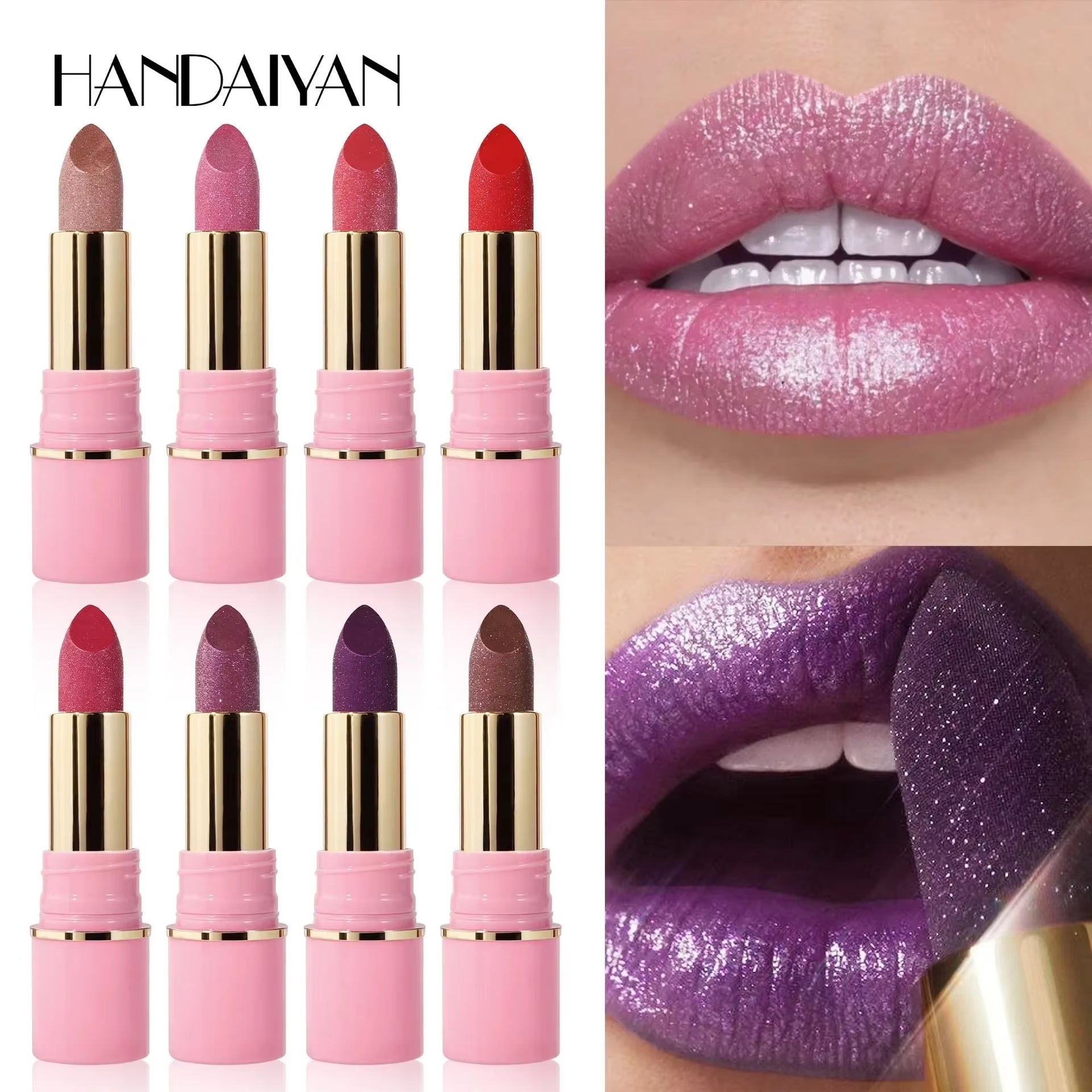 8Colors Matte Glitter Lipstick Waterproof Long Lasting Diamond Pearlescent Metallic Purple Sparkling Lip Stick Makeup Cosmetic