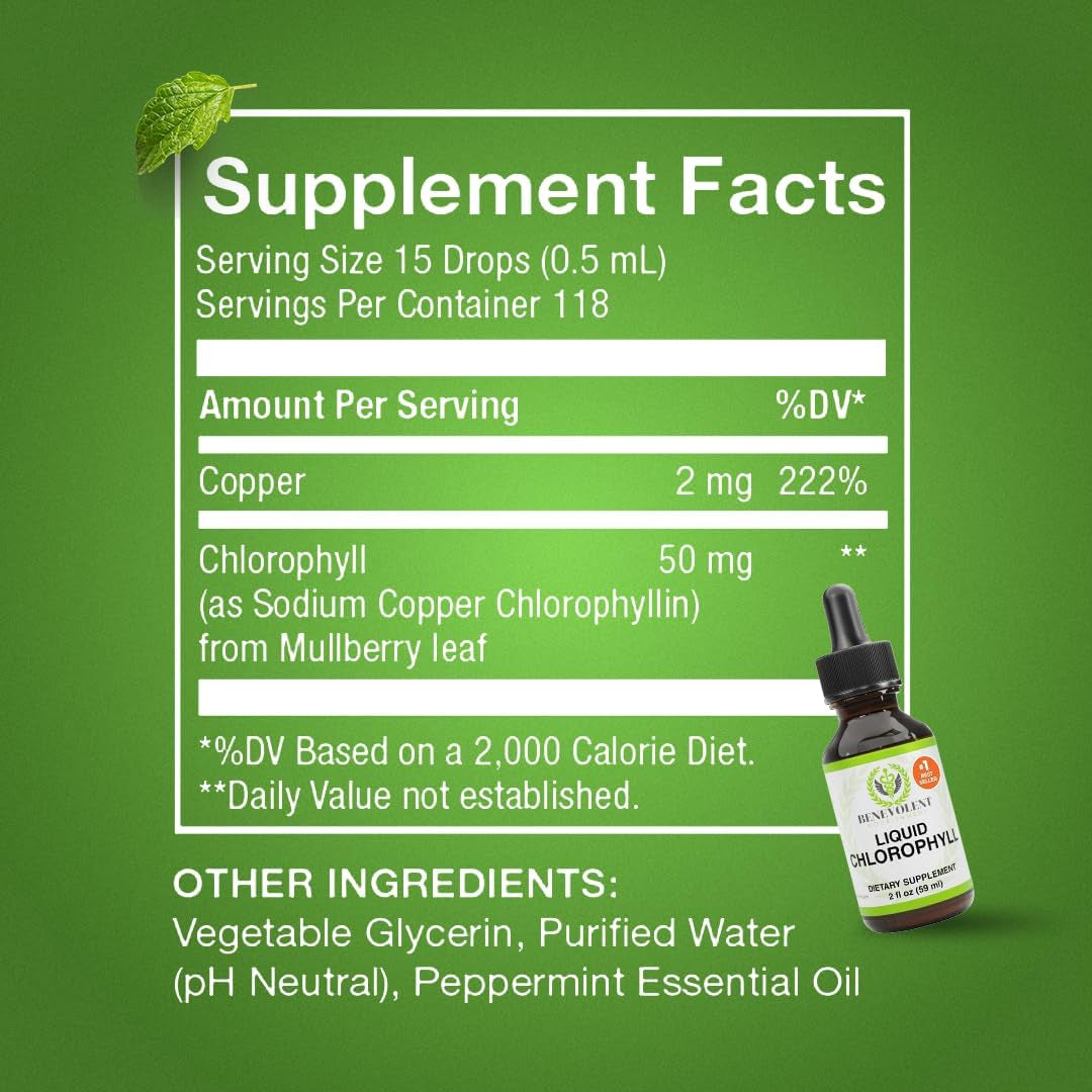 Chlorophyll Supplement, Detox & Immune Support, Internal Deodorizer - Liquid Drops, Natural Mint Flavor, 4 Month Supply, 59Ml
