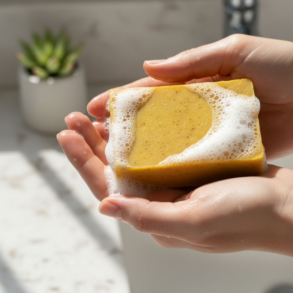 Lemon turmeric soap in hands with lather